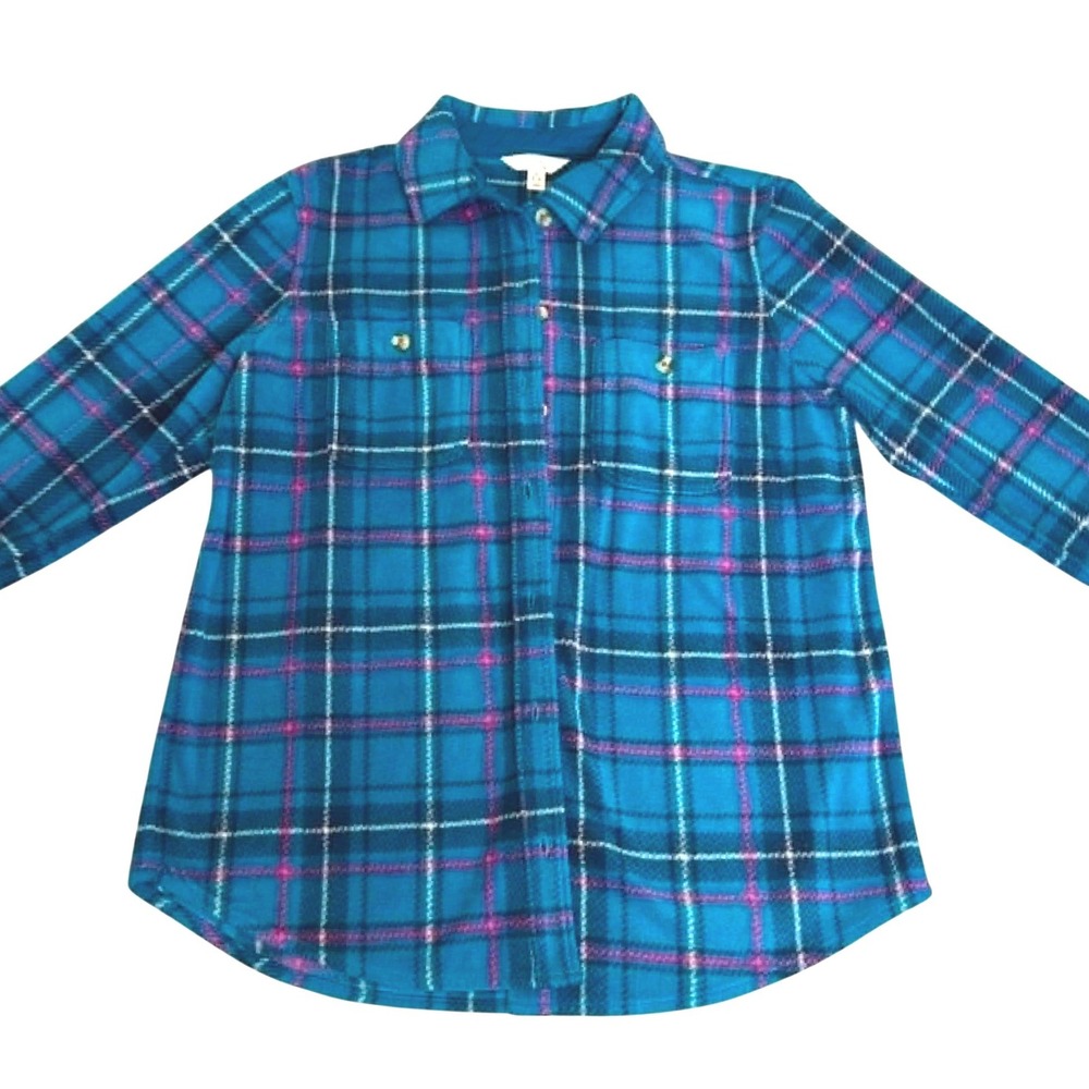 Time and Tru Womens Teal Blue Pink Plaid Fleece Button Down Shirt M 8-10